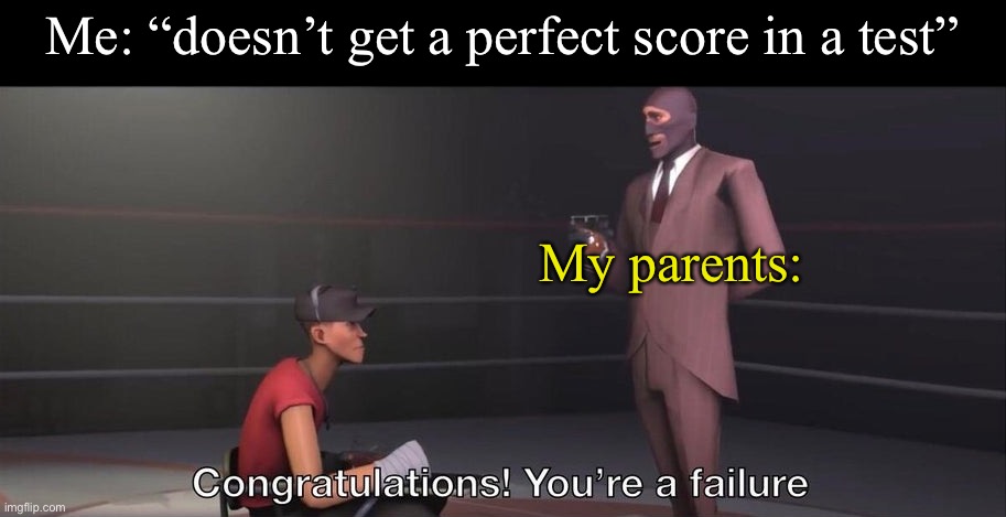 Congratulations, you're a failure | Me: “doesn’t get a perfect score in a test”; My parents: | image tagged in congratulations you're a failure | made w/ Imgflip meme maker