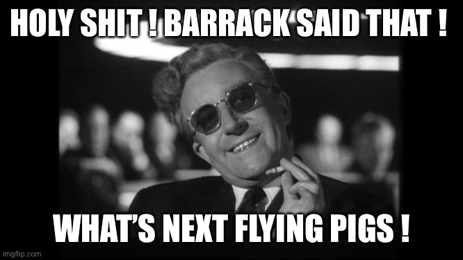 dr strangelove | HOLY SHIT ! BARRACK SAID THAT ! WHAT’S NEXT FLYING PIGS ! | image tagged in dr strangelove | made w/ Imgflip meme maker