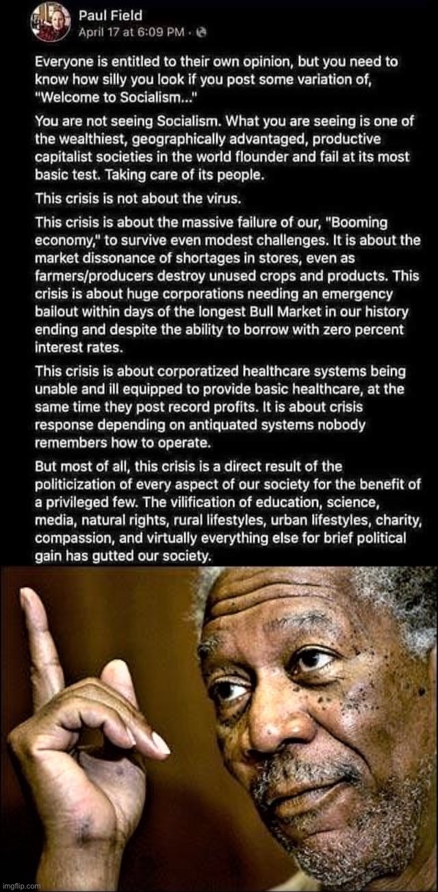 Covid-19 exposed an entire system that was sick. | image tagged in socialism covid-19,morgan freeman this hq | made w/ Imgflip meme maker