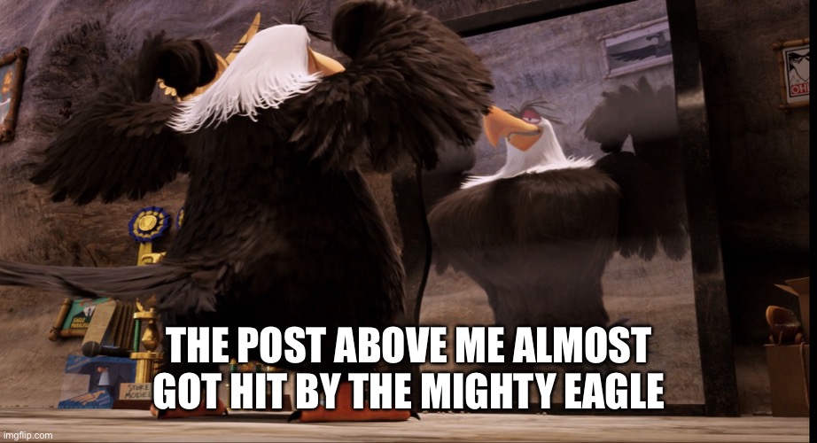Mighty eagle, angry birds | THE POST ABOVE ME ALMOST GOT HIT BY THE MIGHTY EAGLE | image tagged in mighty eagle angry birds | made w/ Imgflip meme maker