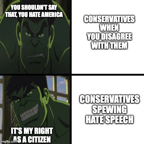 Hulk No/Yes | CONSERVATIVES WHEN YOU DISAGREE WITH THEM CONSERVATIVES SPEWING HATE SPEECH YOU SHOULDN'T SAY THAT, YOU HATE AMERICA IT'S MY RIGHT AS A CITI | image tagged in hulk no/yes | made w/ Imgflip meme maker