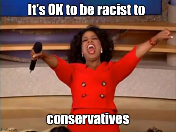 Oprah You Get A Meme | It’s OK to be racist to conservatives | image tagged in memes,oprah you get a | made w/ Imgflip meme maker