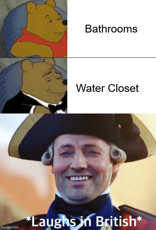 *Laughs in british* | Bathrooms; Water Closet | image tagged in memes,tuxedo winnie the pooh,laughs in british | made w/ Imgflip meme maker