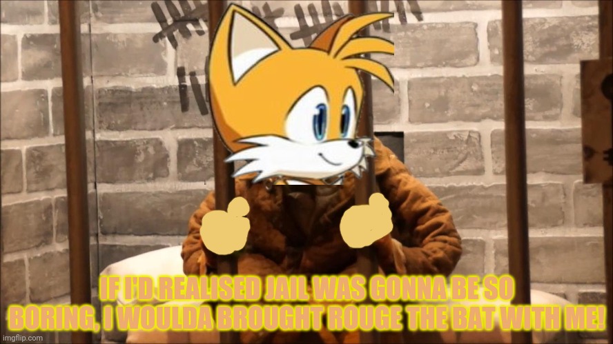 Tails goes to herny jail | IF I'D REALISED JAIL WAS GONNA BE SO BORING, I WOULDA BROUGHT ROUGE THE BAT WITH ME! | image tagged in kermit in jail,go to horny jail,tails the fox,sonic the hedgehog | made w/ Imgflip meme maker