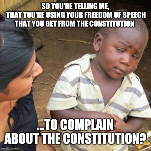 Politics and stuff | SO YOU'RE TELLING ME,
 THAT YOU'RE USING YOUR FREEDOM OF SPEECH THAT YOU GET FROM THE CONSTITUTION; ...TO COMPLAIN ABOUT THE CONSTITUTION? | image tagged in memes,third world skeptical kid | made w/ Imgflip meme maker