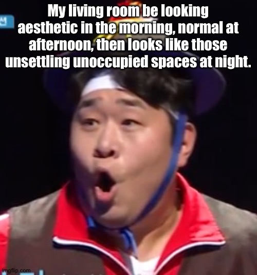 Call me Shiyu now | My living room be looking aesthetic in the morning, normal at afternoon, then looks like those unsettling unoccupied spaces at night. | image tagged in pogging seyoon higher quality | made w/ Imgflip meme maker