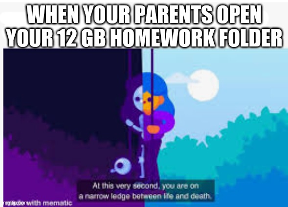Based on true events | WHEN YOUR PARENTS OPEN YOUR 12 GB HOMEWORK FOLDER | image tagged in life death kurzgesagt | made w/ Imgflip meme maker
