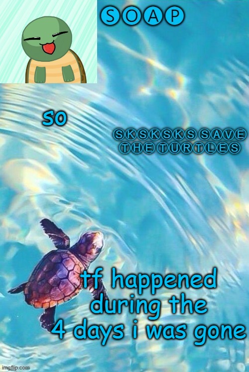 Soaps turtle temp | so; tf happened during the 4 days i was gone | image tagged in soaps turtle temp ty yachi | made w/ Imgflip meme maker