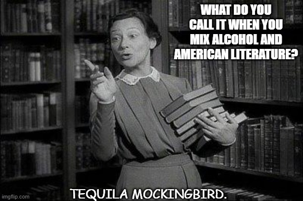 Bad Dad Joke July 5 2021 | WHAT DO YOU CALL IT WHEN YOU MIX ALCOHOL AND AMERICAN LITERATURE? TEQUILA MOCKINGBIRD. | image tagged in wealthy librarian | made w/ Imgflip meme maker
