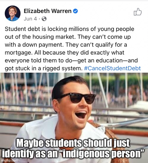1/1024th | Maybe students should just identify as an “indigenous person” | image tagged in memes,leonardo dicaprio wolf of wall street,politics lol | made w/ Imgflip meme maker