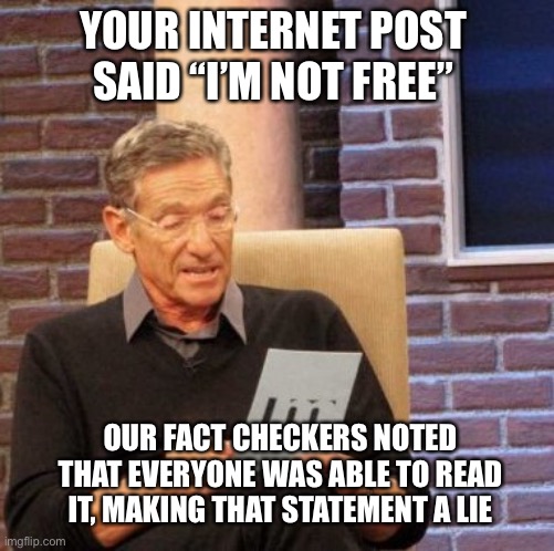 Freedom liar | YOUR INTERNET POST SAID “I’M NOT FREE”; OUR FACT CHECKERS NOTED THAT EVERYONE WAS ABLE TO READ IT, MAKING THAT STATEMENT A LIE | image tagged in memes,maury lie detector | made w/ Imgflip meme maker