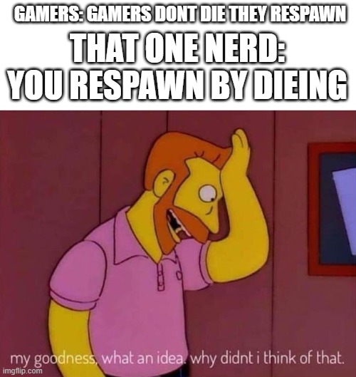 Curse you one kidd!! |  GAMERS: GAMERS DONT DIE THEY RESPAWN; THAT ONE NERD: YOU RESPAWN BY DIEING | image tagged in my goodness what an idea why didn't i think of that | made w/ Imgflip meme maker