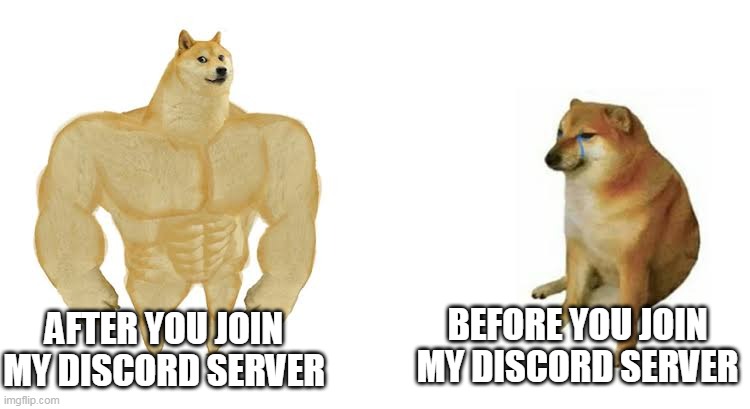 Join here! https://discord.gg/Xb93Z2vADT | BEFORE YOU JOIN MY DISCORD SERVER; AFTER YOU JOIN MY DISCORD SERVER | image tagged in strong doge weak doge | made w/ Imgflip meme maker