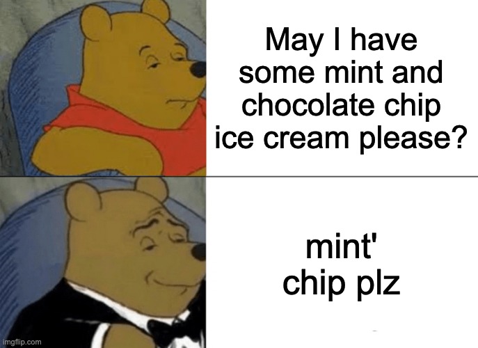 less the words yet more the concisenesssssss | May I have some mint and chocolate chip ice cream please? mint' chip plz | image tagged in memes,tuxedo winnie the pooh | made w/ Imgflip meme maker