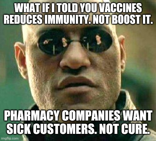 covid meme vaccine meme | WHAT IF I TOLD YOU VACCINES REDUCES IMMUNITY. NOT BOOST IT. PHARMACY COMPANIES WANT SICK CUSTOMERS. NOT CURE. | image tagged in what if i told you | made w/ Imgflip meme maker