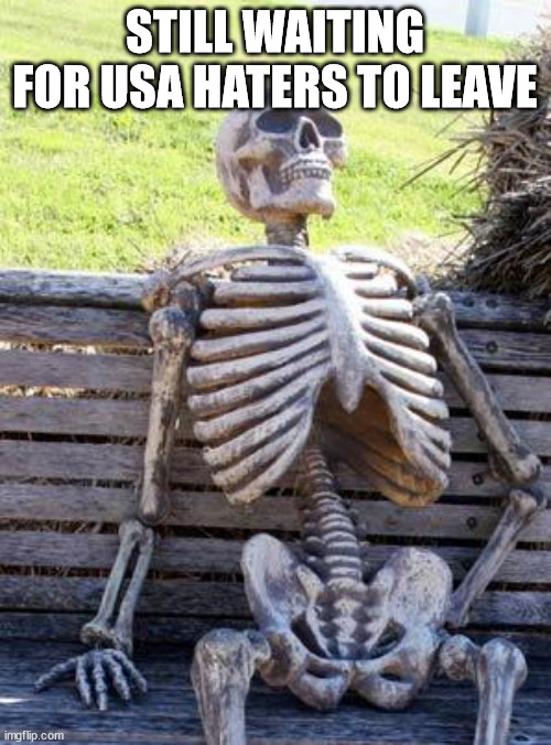 Waiting Skeleton Meme | STILL WAITING FOR USA HATERS TO LEAVE | image tagged in memes,waiting skeleton | made w/ Imgflip meme maker