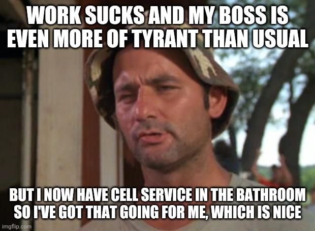So I Got That Goin For Me Which Is Nice Meme | WORK SUCKS AND MY BOSS IS EVEN MORE OF TYRANT THAN USUAL; BUT I NOW HAVE CELL SERVICE IN THE BATHROOM SO I'VE GOT THAT GOING FOR ME, WHICH IS NICE | image tagged in memes,so i got that goin for me which is nice,AdviceAnimals | made w/ Imgflip meme maker
