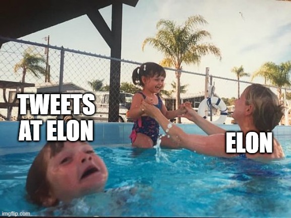 Attention seeker | TWEETS AT ELON; ELON | image tagged in drowning kid in the pool | made w/ Imgflip meme maker