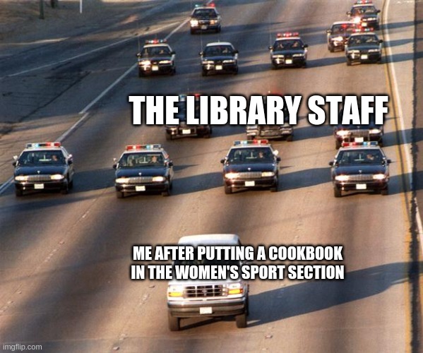Just a joke, plz don't hate | THE LIBRARY STAFF; ME AFTER PUTTING A COOKBOOK IN THE WOMEN'S SPORT SECTION | image tagged in oj simpson police chase | made w/ Imgflip meme maker