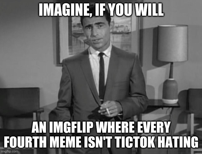 Rod Serling Twilight Zone |  IMAGINE, IF YOU WILL; AN IMGFLIP WHERE EVERY FOURTH MEME ISN'T TICTOK HATING | image tagged in rod serling imagine if you will | made w/ Imgflip meme maker