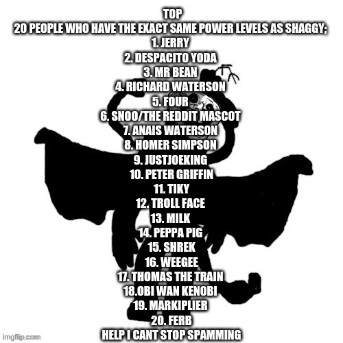 TOP 20 PEOPLE WHO HAVE THE EXACT SAME POWER LEVELS AS SHAGGY;  1. JERRY  2. DESPACITO YODA  3. MR BEAN  4. RICHARD WATERSON  5.  | TOP 20 PEOPLE WHO HAVE THE EXACT SAME POWER LEVELS AS SHAGGY; 
1. JERRY 
2. DESPACITO YODA 
3. MR BEAN 
4. RICHARD WATERSON 
5. FOUR 
6. SNOO/THE REDDIT MASCOT 
7. ANAIS WATERSON 
8. HOMER SIMPSON 
9. JUSTJOEKING 
10. PETER GRIFFIN
 11. TIKY 
12. TROLL FACE 
13. MILK 
14. PEPPA PIG 
15. SHREK
 16. WEEGEE 
17. THOMAS THE TRAIN 
18.OBI WAN KENOBI 
19. MARKIPLIER 
20. FERB
HELP I CANT STOP SPAMMING | made w/ Imgflip meme maker