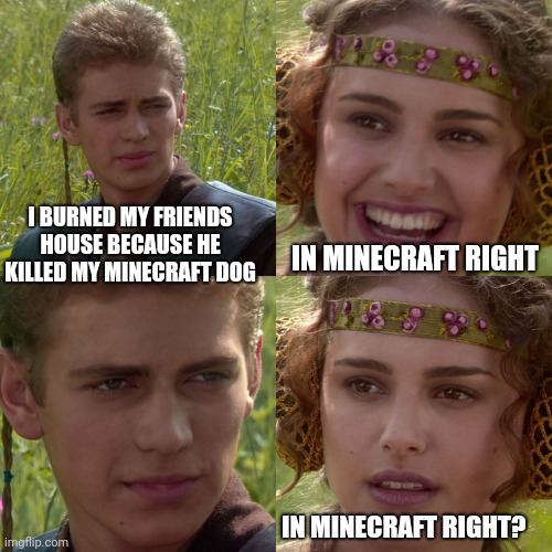 Anakin Padme 4 Panel |  I BURNED MY FRIENDS HOUSE BECAUSE HE KILLED MY MINECRAFT DOG; IN MINECRAFT RIGHT; IN MINECRAFT RIGHT? | image tagged in anakin padme 4 panel | made w/ Imgflip meme maker