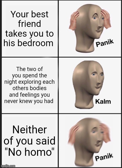 Panik Kalm Panik | Your best friend takes you to his bedroom; The two of you spend the night exploring each others bodies and feelings you never knew you had; Neither of you said "No homo" | image tagged in memes,panik kalm panik | made w/ Imgflip meme maker