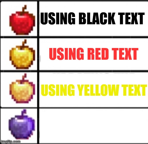 a | USING BLACK TEXT; USING RED TEXT; USING YELLOW TEXT; USING WHITE TEXT | image tagged in minecraft apples,memes,funny,minecraft | made w/ Imgflip meme maker