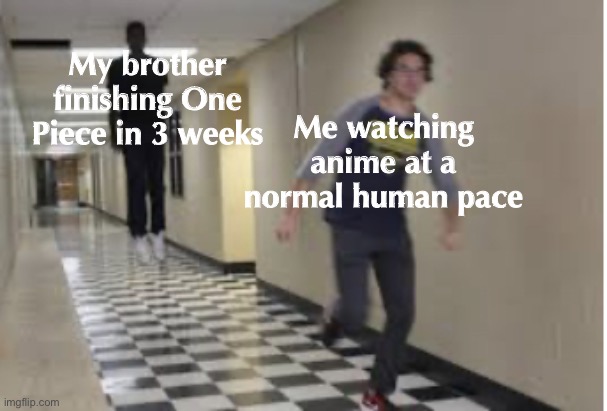 For anyone confused one piece has basically 1000 episodes and is still going. | My brother finishing One Piece in 3 weeks; Me watching anime at a normal human pace | image tagged in running down hallway | made w/ Imgflip meme maker