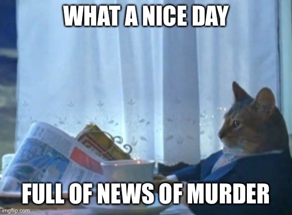 I Should Buy A Boat Cat Meme | WHAT A NICE DAY; FULL OF NEWS OF MURDER | image tagged in memes,i should buy a boat cat | made w/ Imgflip meme maker