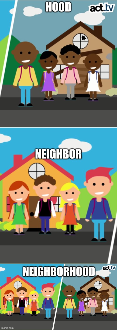 HOOD; NEIGHBOR; NEIGHBORHOOD | made w/ Imgflip meme maker