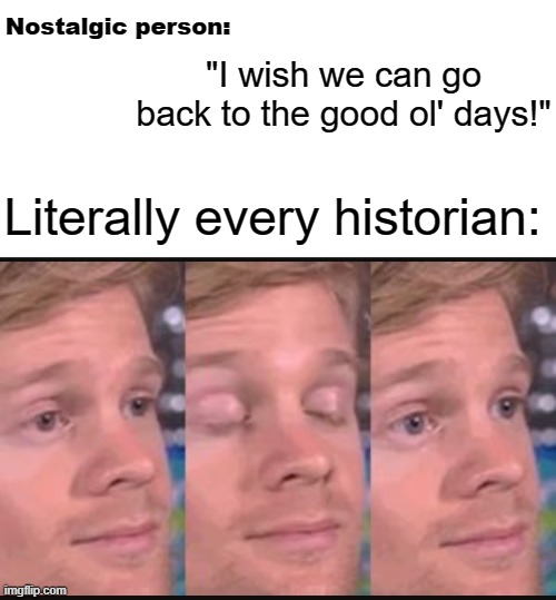 It was the best of times, it was the worst of times | Nostalgic person:; "I wish we can go back to the good ol' days!"; Literally every historian: | image tagged in blinking guy,educational,funny but true | made w/ Imgflip meme maker