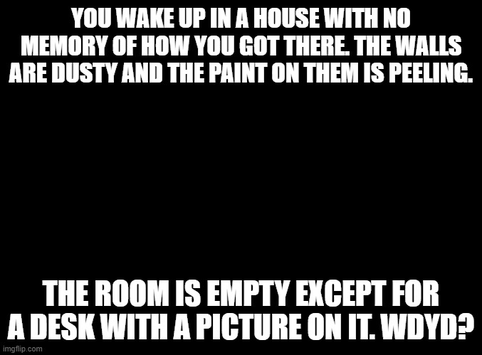 This is a horror rp, so do not roleplay if you get scared easily. | YOU WAKE UP IN A HOUSE WITH NO MEMORY OF HOW YOU GOT THERE. THE WALLS ARE DUSTY AND THE PAINT ON THEM IS PEELING. THE ROOM IS EMPTY EXCEPT FOR A DESK WITH A PICTURE ON IT. WDYD? | image tagged in blank black | made w/ Imgflip meme maker