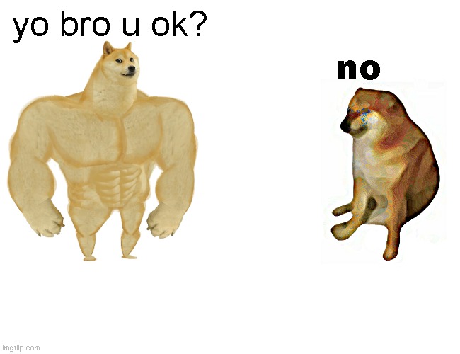 oof | yo bro u ok? no | image tagged in memes,buff doge vs cheems | made w/ Imgflip meme maker