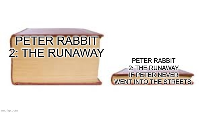 Big book small book | PETER RABBIT 2: THE RUNAWAY; PETER RABBIT 2: THE RUNAWAY IF PETER NEVER WENT INTO THE STREETS. | image tagged in big book small book | made w/ Imgflip meme maker