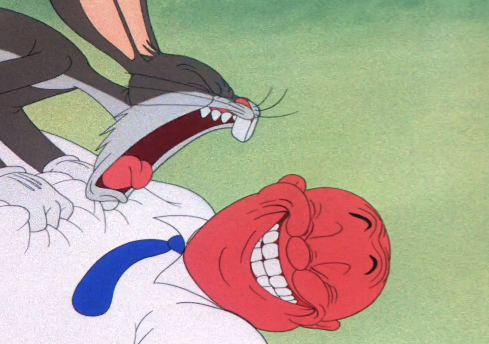 High Quality Bugs Bunny Yelling At Elmer Fudd As He Smiles Blank Meme Template