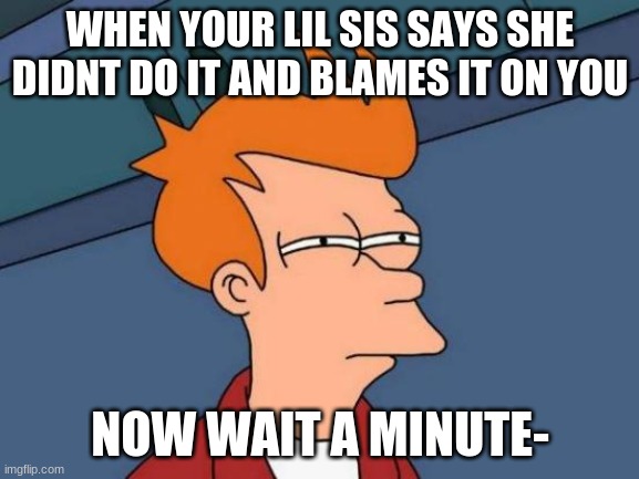 Futurama Fry | WHEN YOUR LIL SIS SAYS SHE DIDNT DO IT AND BLAMES IT ON YOU; NOW WAIT A MINUTE- | image tagged in memes,futurama fry | made w/ Imgflip meme maker