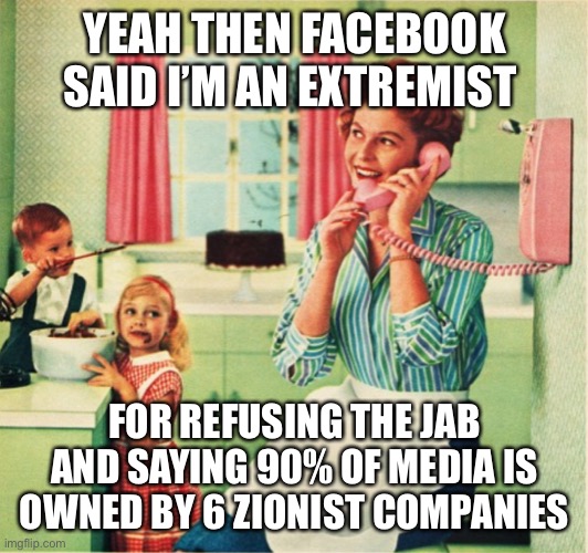 Extremist content | YEAH THEN FACEBOOK SAID I’M AN EXTREMIST; FOR REFUSING THE JAB AND SAYING 90% OF MEDIA IS OWNED BY 6 ZIONIST COMPANIES | image tagged in domestic terrorist,biased media,extreme,propaganda | made w/ Imgflip meme maker