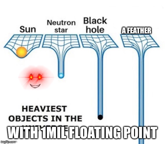 heaviest objects in the universe |  A FEATHER; WITH 1MIL FLOATING POINT | image tagged in heaviest objects in the universe | made w/ Imgflip meme maker