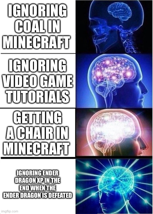 Expanding Brain Meme | IGNORING COAL IN MINECRAFT; IGNORING VIDEO GAME TUTORIALS; GETTING A CHAIR IN MINECRAFT; IGNORING ENDER DRAGON XP IN THE END WHEN THE ENDER DRAGON IS DEFEATED | image tagged in memes,expanding brain | made w/ Imgflip meme maker