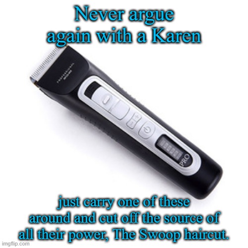 Karen destroyer | Never argue again with a Karen; just carry one of these around and cut off the source of all their power, The Swoop haircut. | image tagged in karen | made w/ Imgflip meme maker