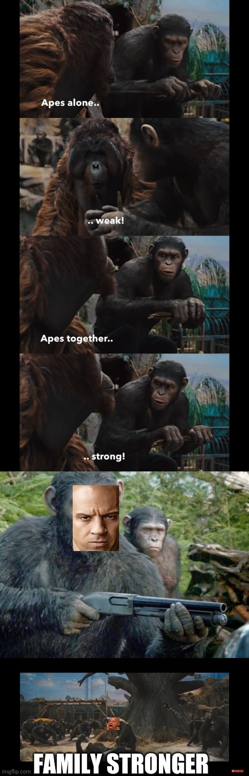 Family Stronger | FAMILY STRONGER | image tagged in vin diesel,fast and furious,apes together strong | made w/ Imgflip meme maker