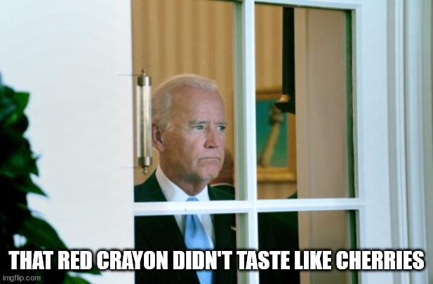 poor joe | THAT RED CRAYON DIDN'T TASTE LIKE CHERRIES | image tagged in biden window | made w/ Imgflip meme maker