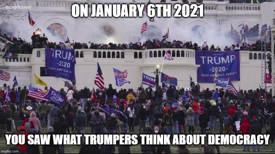 Nothing says love for democracy like a Trump supporter | ON JANUARY 6TH 2021; YOU SAW WHAT TRUMPERS THINK ABOUT DEMOCRACY | image tagged in donald trump,riots,trump supporters,republicans,washington dc | made w/ Imgflip meme maker