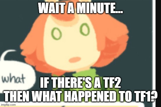 Cucumber is confused | WAIT A MINUTE... IF THERE'S A TF2 THEN WHAT HAPPENED TO TF1? | image tagged in cucumber is confused | made w/ Imgflip meme maker