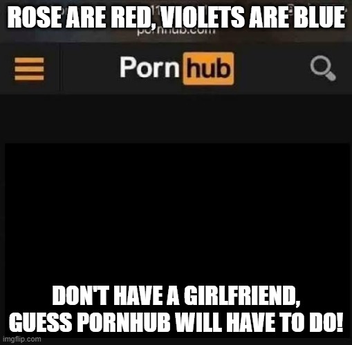 No GF | ROSE ARE RED, VIOLETS ARE BLUE; DON'T HAVE A GIRLFRIEND, GUESS PORNHUB WILL HAVE TO DO! | image tagged in porn hub | made w/ Imgflip meme maker