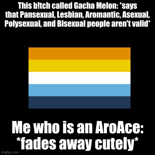 If you see this Gachatuber, please report them. Name: Gacha Melon | This b!tch called Gacha Melon: *says that Pansexual, Lesbian, Aromantic, Asexual, Polysexual, and Bisexual people aren't valid*; Me who is an AroAce: *fades away cutely* | image tagged in memes,blank transparent square | made w/ Imgflip meme maker