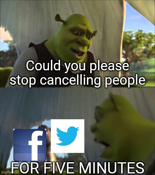 shrek five minutes | Could you please stop cancelling people; FOR FIVE MINUTES | image tagged in shrek five minutes | made w/ Imgflip meme maker