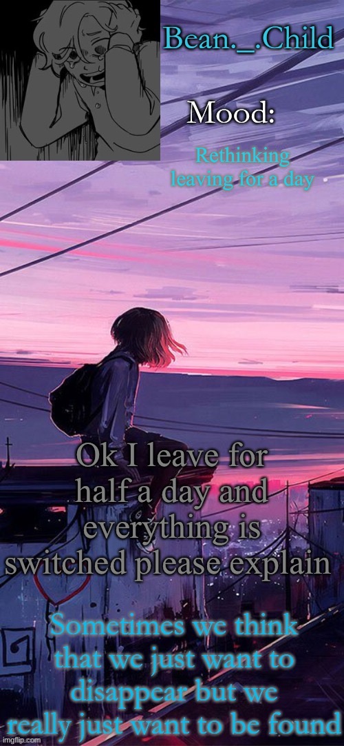 Rethinking leaving for a day; Ok I leave for half a day and everything is switched please explain | image tagged in beans sad temp | made w/ Imgflip meme maker