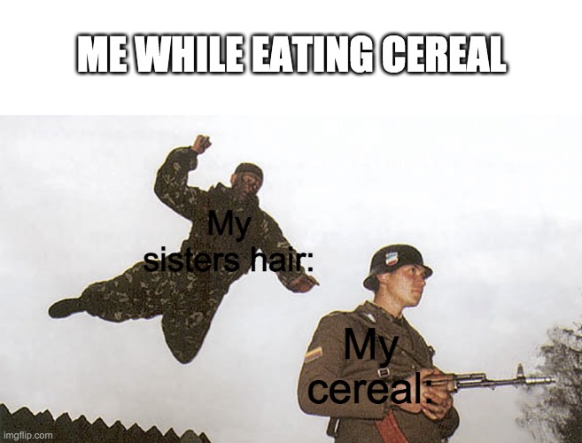 Me while eating cereal | ME WHILE EATING CEREAL; My sisters hair:; My cereal: | image tagged in soldier jump spetznaz | made w/ Imgflip meme maker